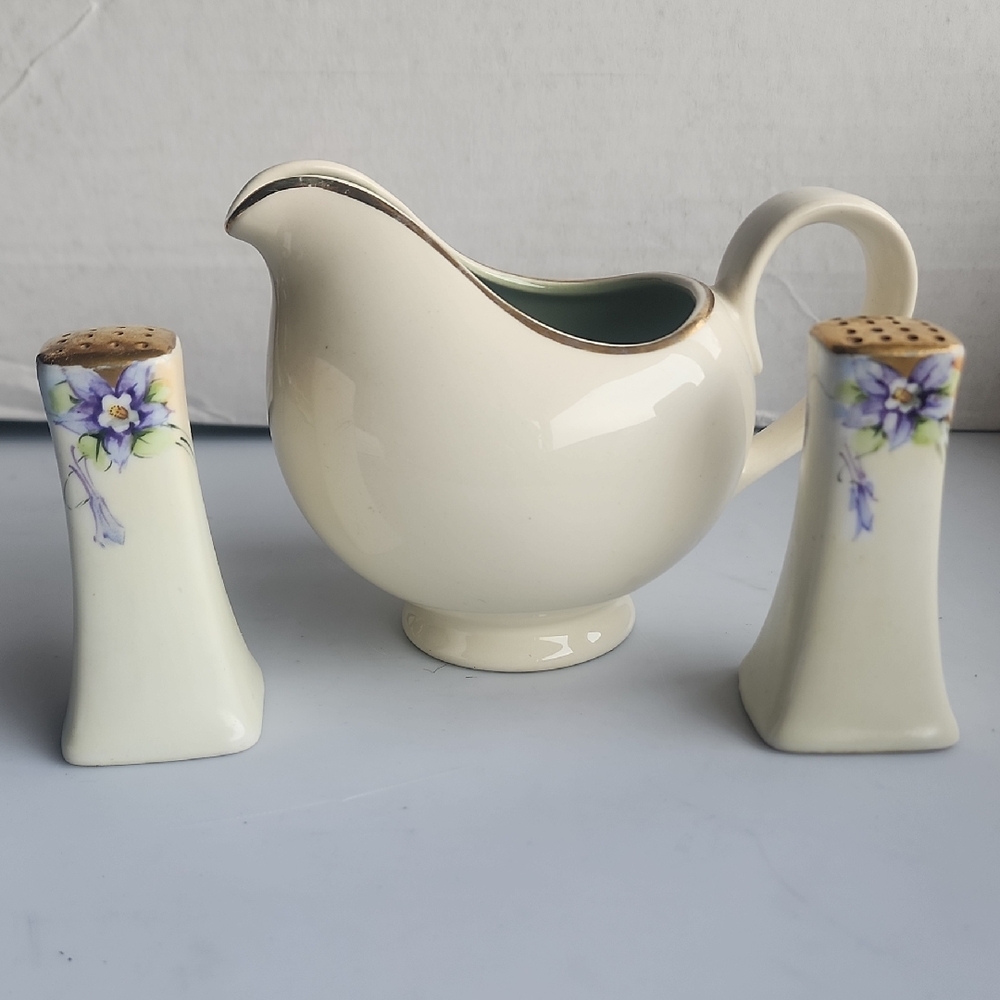 VTG. 3 piece Bavaria, Floral Creamer and Shakers Set with Gold Trim.